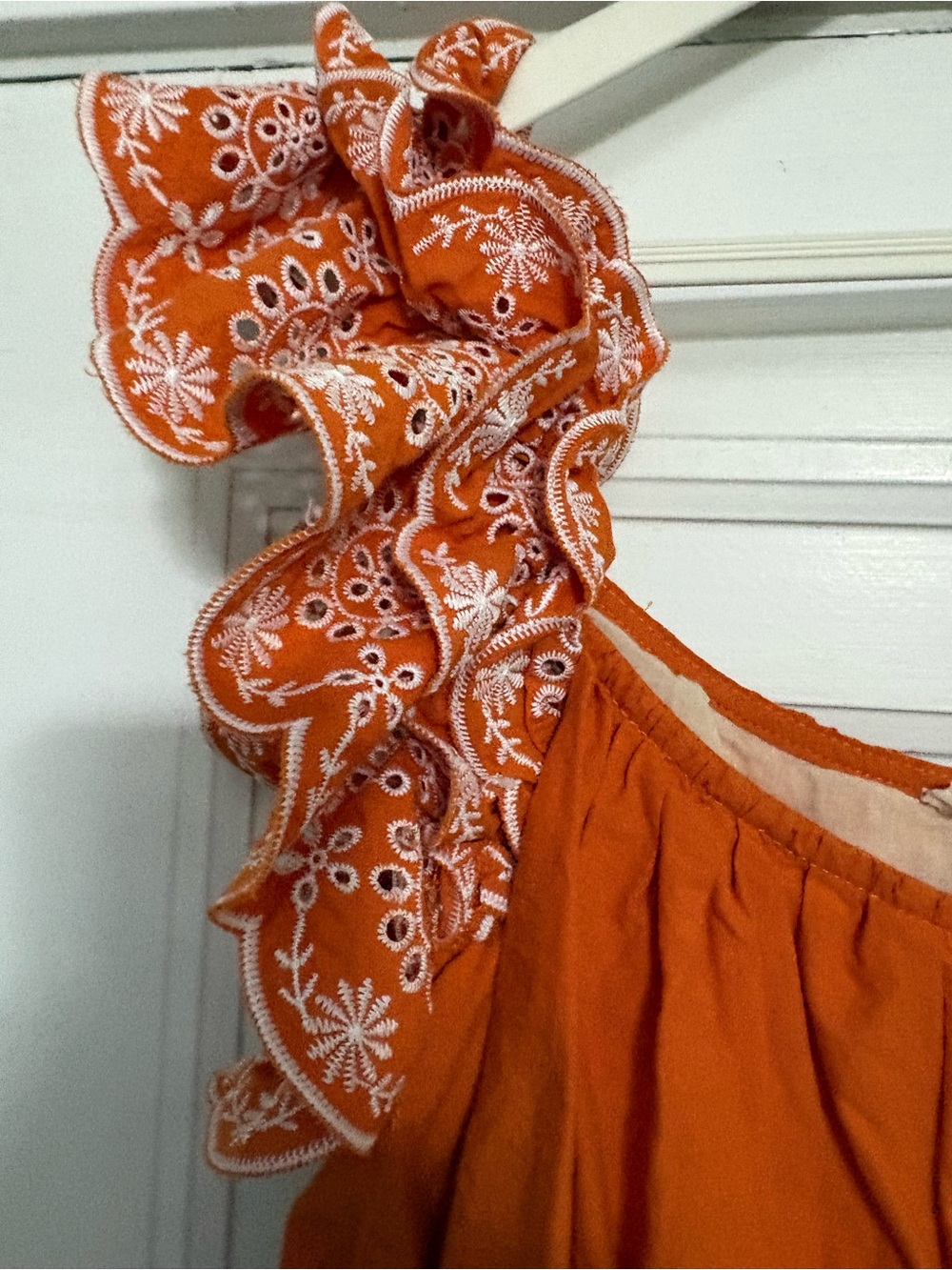 Blue Tassel Anthropologie Cotton Orange Eyelet Ruffle Sleeve Peplum Crop Top - Picture 5 of 8